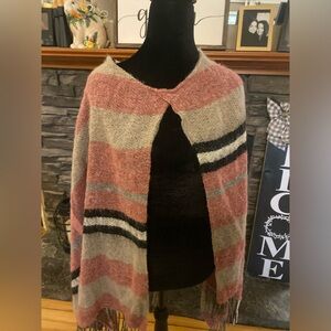 Cozy Striped Knit Wool Blend Poncho in Dusty Pink and Gray